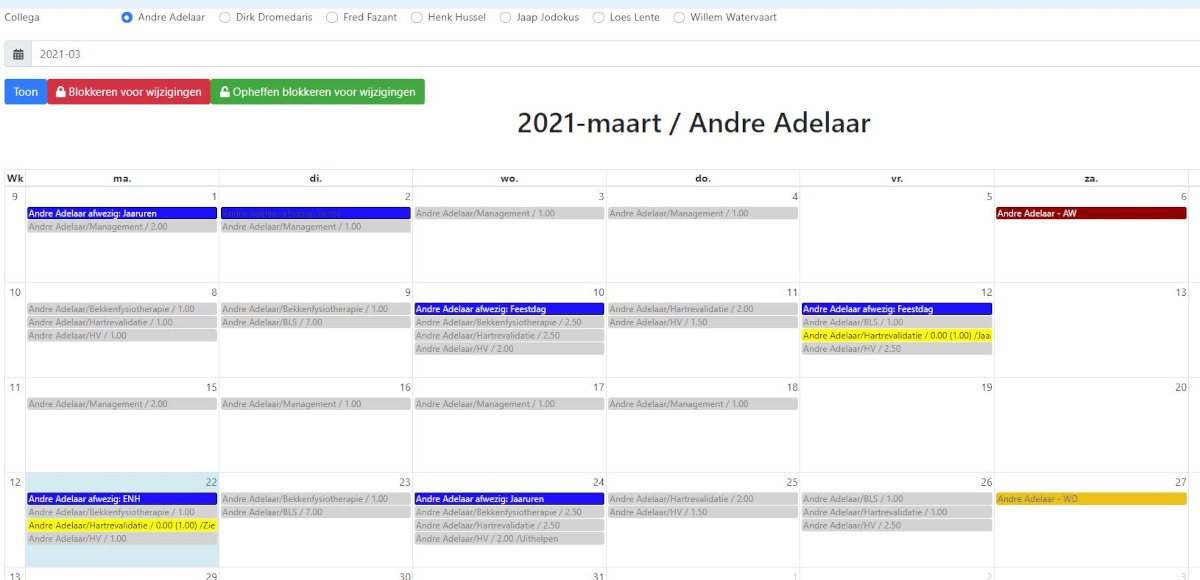 Maandkalender met gefilterde administratieve items
